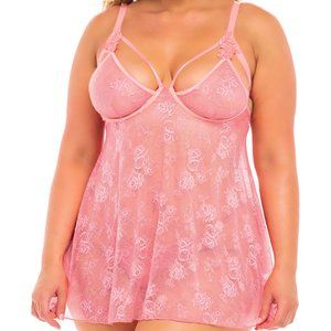 Pink Plus Size Lace Valentine Babydoll with Thong